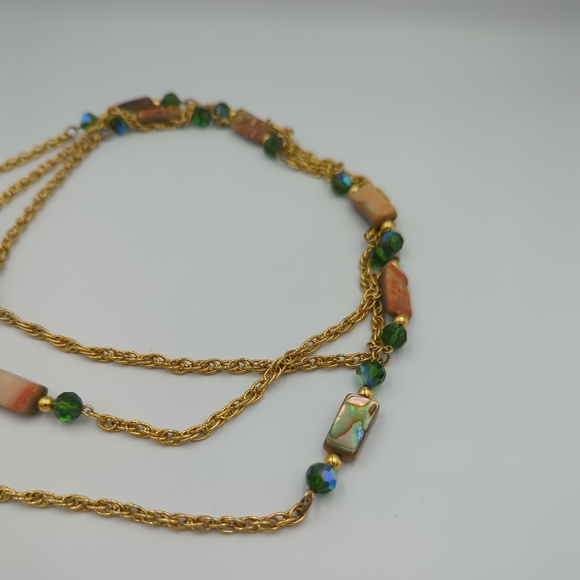 Vintage Gold Tone Necklace Abalone Shell Green AB Glass Beads Stations Long 42" - Picture 6 of 10